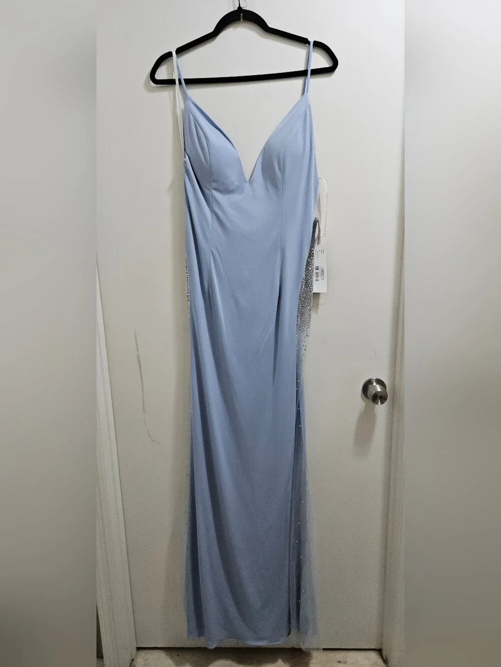 JOVANI Light Blue Backless Evening Gown with Embellished Sheer Panels